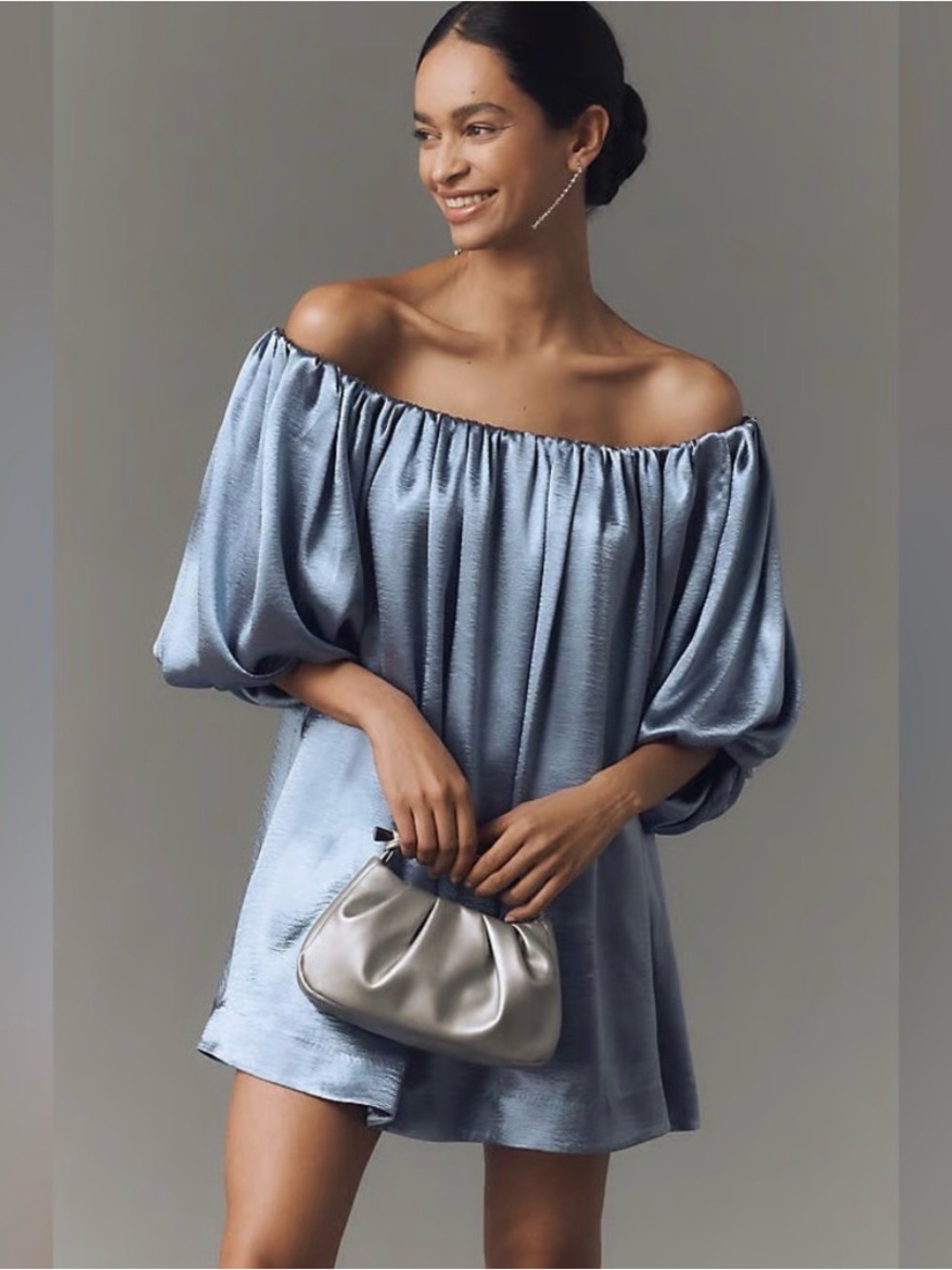 Anthropologie Mare Mare Off-the-Shoulder Puff-Sleeve Shine Mini Dress
